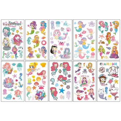 Zeichentrickfilm-Tattoosticker Wasserdichte Körperkunst für Kinder Süße Kinder & Meerjungfrau Dinosaurier Tiere
